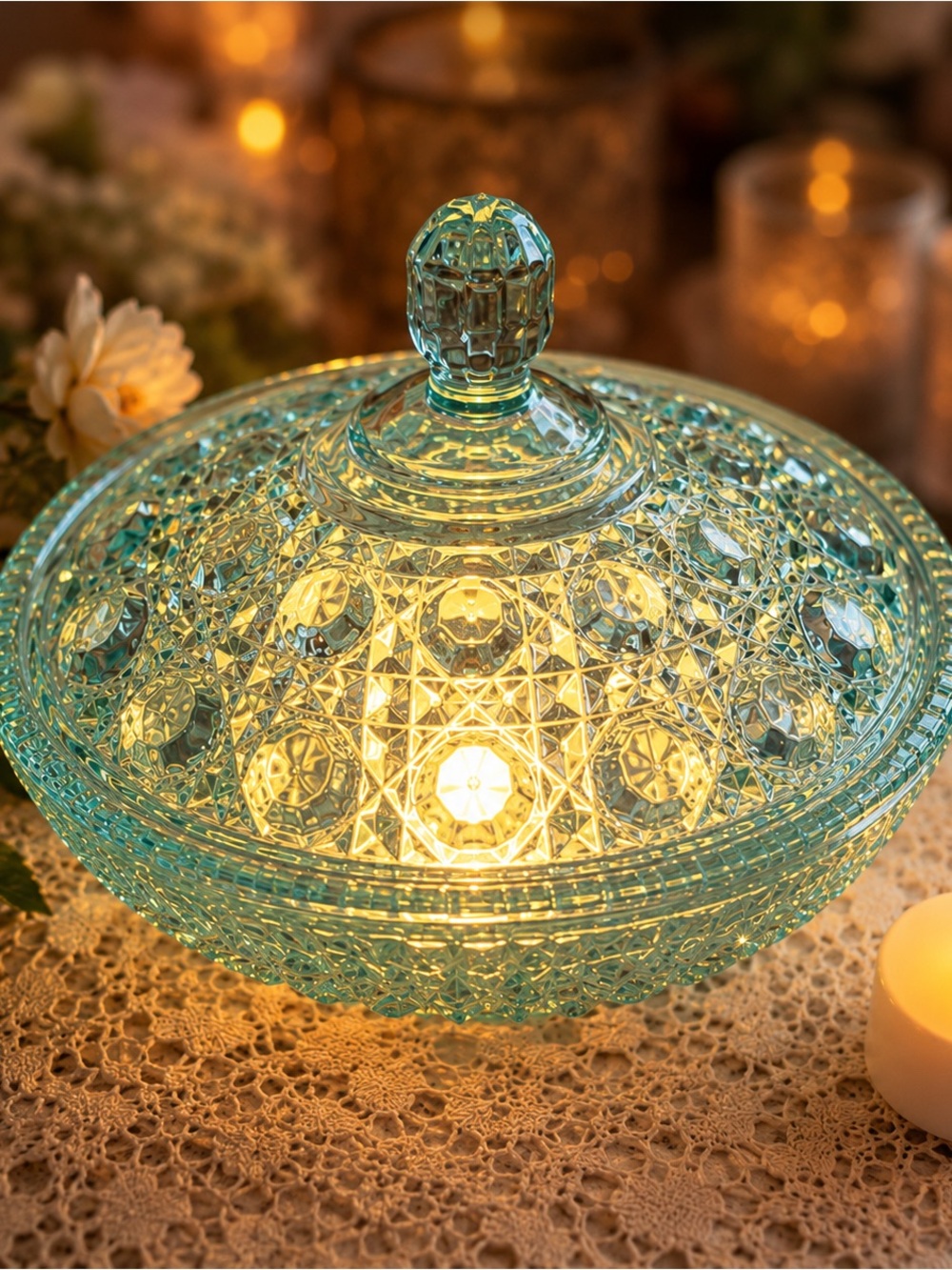 Vintage Federal Glass Aquamarine Windsor Button & Cane Fairy Lamp